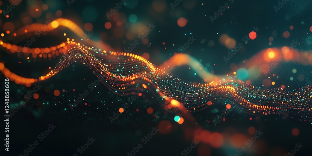 Poster abstract particle waves flowing dynamically in vivid colors, creating an immersive visual experience