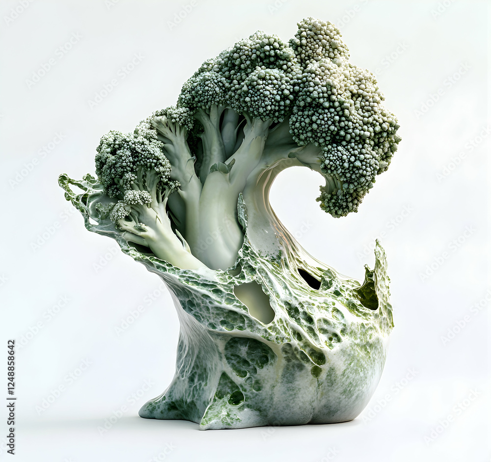 Poster surreal broccoli sculpture exhibiting textured fractal patterns and ethereal luminescence against a 