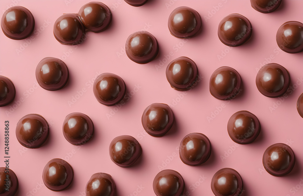 Poster symmetrical arrangement of dark chocolate spheres on a delicate pink background creating a tempting 