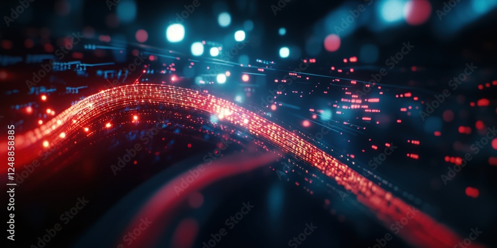 Poster abstract data streams flowing dynamically across network, illuminated in red and blue light, showing