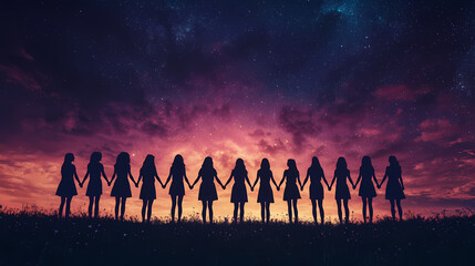 Silhouettes of women holding hands at sunset. 