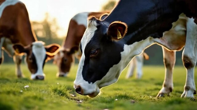 cow chewing grass on a green meadow under a blue sky, peaceful rural landscape, concept of agriculture, dairy farming, eco-friendly livestock