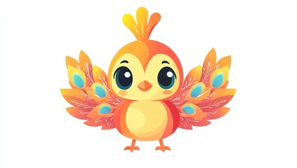 Fototapeta premium Adorable Orange Bird with Peacock Feathers: A Delightful Cartoon Illustration