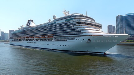 Large cruise ship sailing on water with city skyline in the background under a clear blue sky