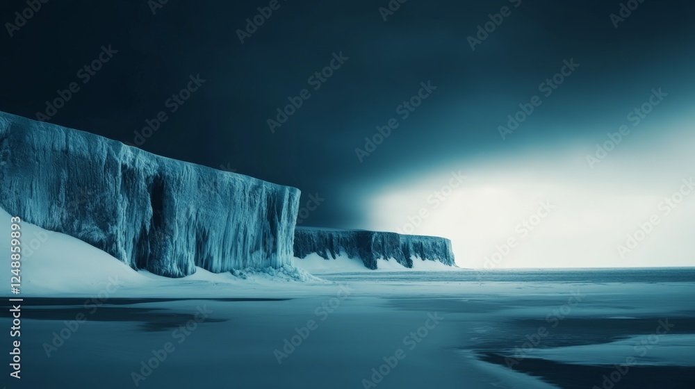 Poster impressive ice cliffs rise from a vast frozen landscape, creating a dramatic scene under a moody, et