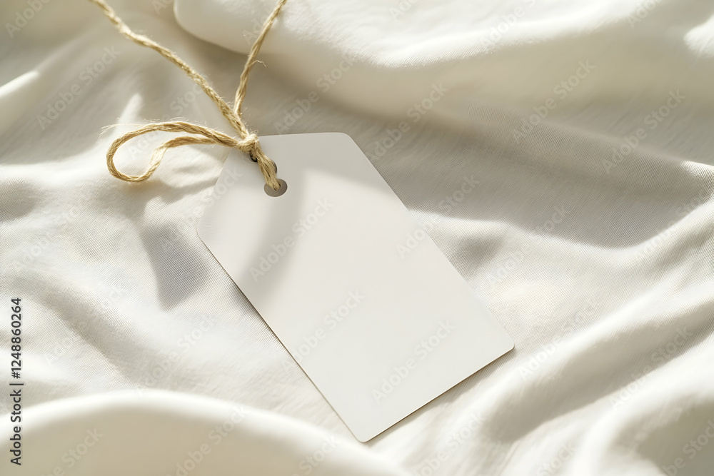 Poster a pristine blank tag adorned with jute string against a backdrop of soft white fabric, ideal for a m