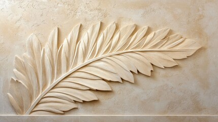 Detailed leaf pattern intricately carved into textured beige stone for interior decoration