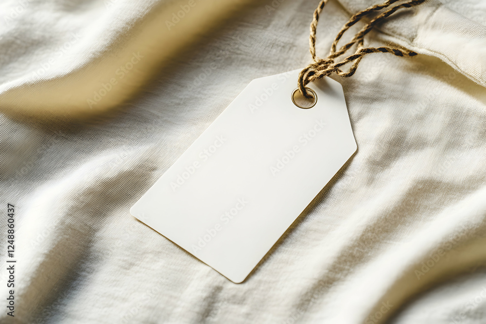 Aufkleber minimalist blank white tag with rustic twine on softly draped fabric creates a versatile backdrop fo