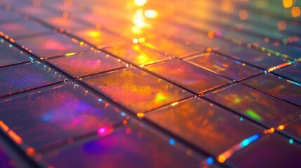 Illuminated panels reflect vibrant colors, showcasing a mesmerizing interplay of light and texture. The abstract composition evokes a sense of scientific innovation and advanced technology