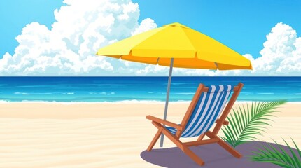 Fototapeta premium Sandy Beach Relaxation Under Yellow Beach Umbrella