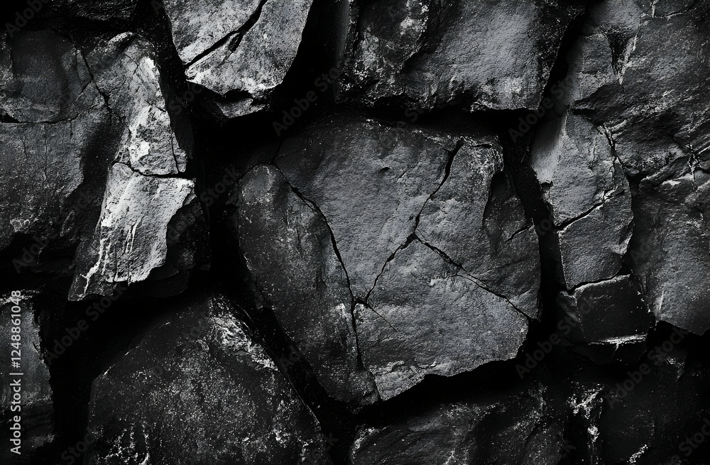 Poster intricate fractures, a detailed study of dark rock formations and surface textures displaying the ge