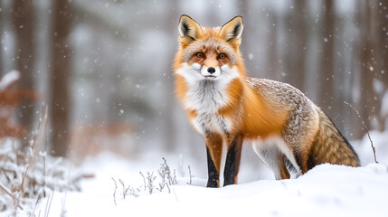 Obraz premium A curious red fox is observing its surroundings in a snowy woodland. Flakes of snow gently fall around it, enhancing the tranquil winter atmosphere