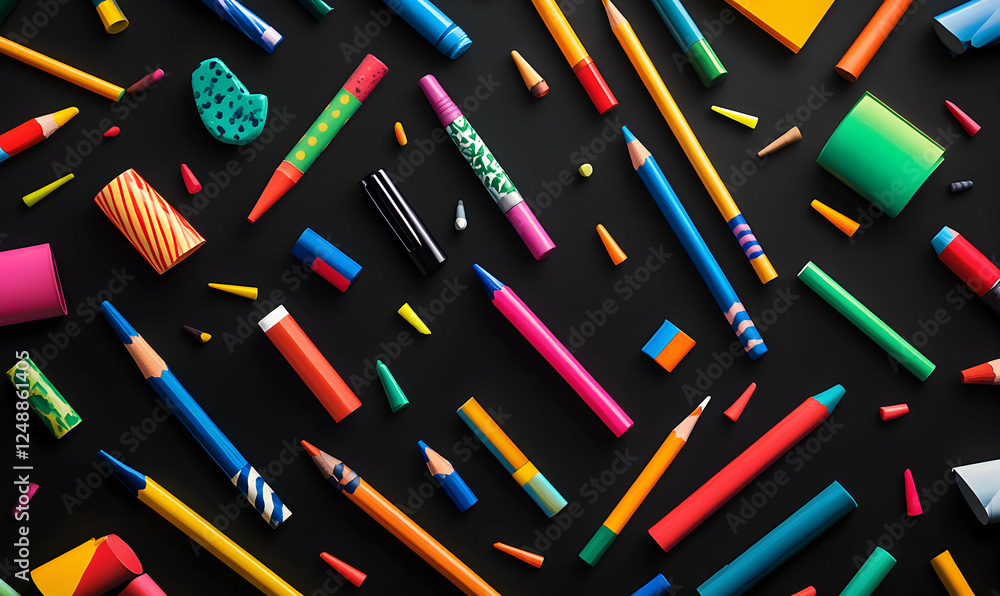 Poster vibrant art supplies elegantly scattered across a dark canvas creating a visually appealing composit
