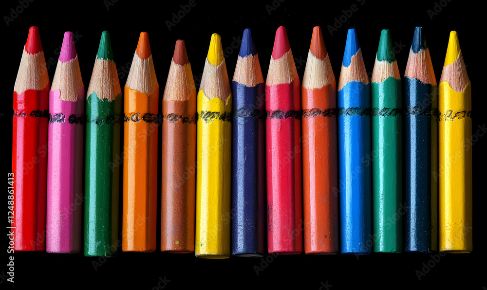 Poster a vibrant array of colored pencils arranged in a row against a dark backdrop, showcasing the spectru