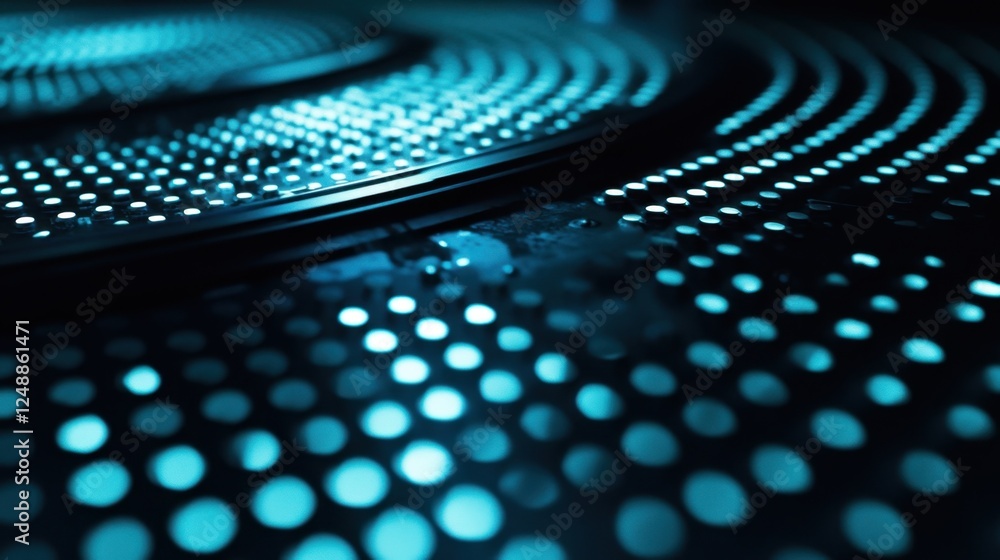 Poster close up of illuminated circular patterns creating a futuristic and scientific atmosphere. the blue 