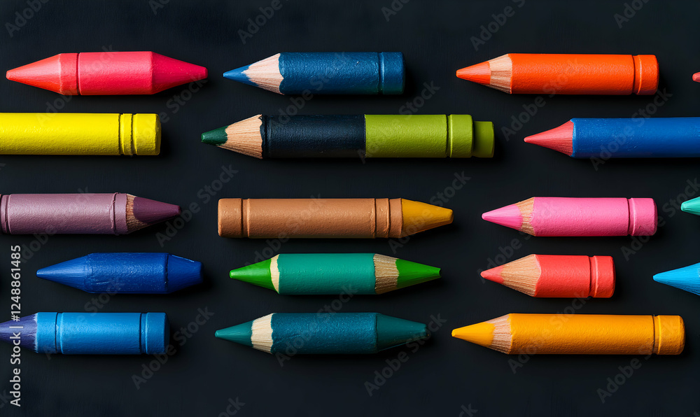 Poster vivid chromatic array of wooden coloring tools aligned artistically on a dark background displaying 