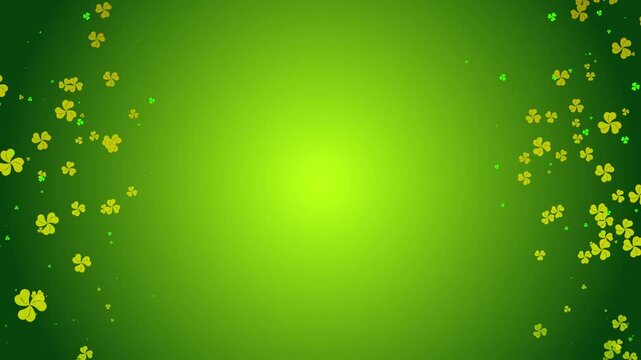Shamrock clover leaves or particles floating on a lime green background with copy space.