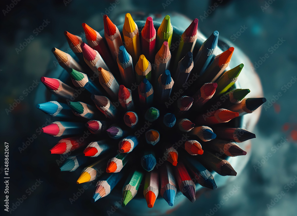 Poster a vibrant array of colored pencils bursts from their container, creating a striking visual symphony 
