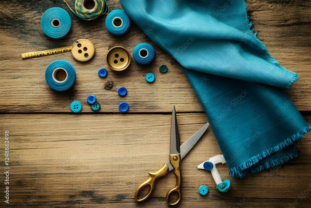 Poster a serene flat lay of a tailor's table featuring turquoise fabric, spools of thread, an array of butt