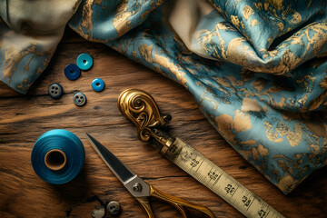 Elegant crafting composition featuring shimmering fabric, vintage measuring tape, thread, buttons and gold handled scissors on rustic wooden surface