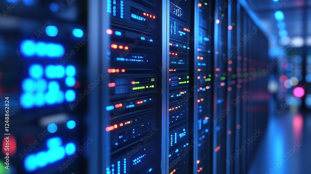 Poster rows of modern data servers glow with colorful led lights, showcasing advanced technology and digita