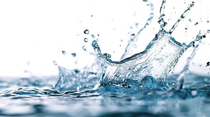 Close-up of a water splash.  A vibrant water splash in motion against a white background.  Clear water droplets and ripples in a dynamic and fresh composition.