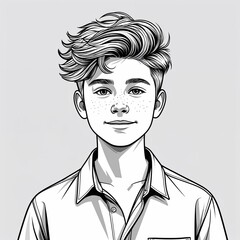 A teenage boy relaxed with a tousled side part wearing a summer open collared shirt in a simple hand drawing flat line design