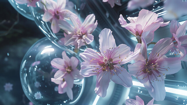 A bouquet of translucent flowers floating in an anti gravity chamber