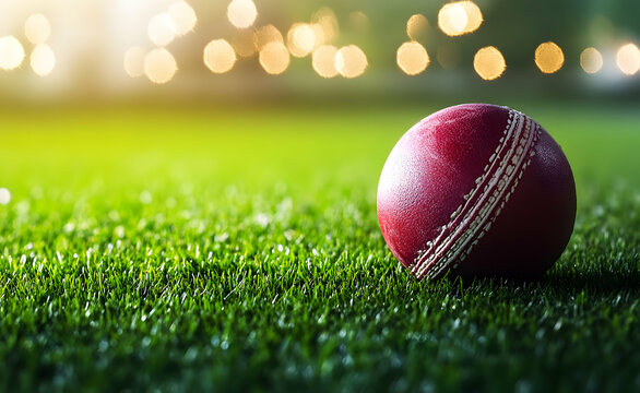 The excitement of cricket, A vibrant close-up of a red cricket ball on lush green grass with blurred lights providing a dreamlike backdrop