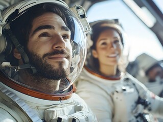 Astronauts preparing for a space mission inside a spacecraft on a bright day