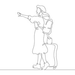 Continuous one line drawing young woman hitchhiking on the road. Hitchhiking. Girl with luggage.One continuous line isolated minimal illustration.Not AI.