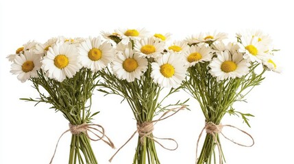 Three Bundles of Fresh White Daisies Isolated on White Background