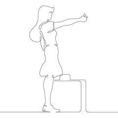 Continuous one line drawing young woman hitchhiking on the road. Hitchhiking. Girl with luggage.One continuous line isolated minimal illustration.Not AI.