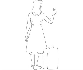 Continuous one line drawing young woman hitchhiking on the road. Hitchhiking. Girl with luggage.One continuous line isolated minimal illustration.Not AI.