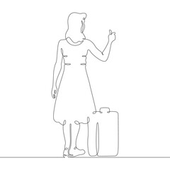 Continuous one line drawing young woman hitchhiking on the road. Hitchhiking. Girl with luggage.One continuous line isolated minimal illustration.Not AI.