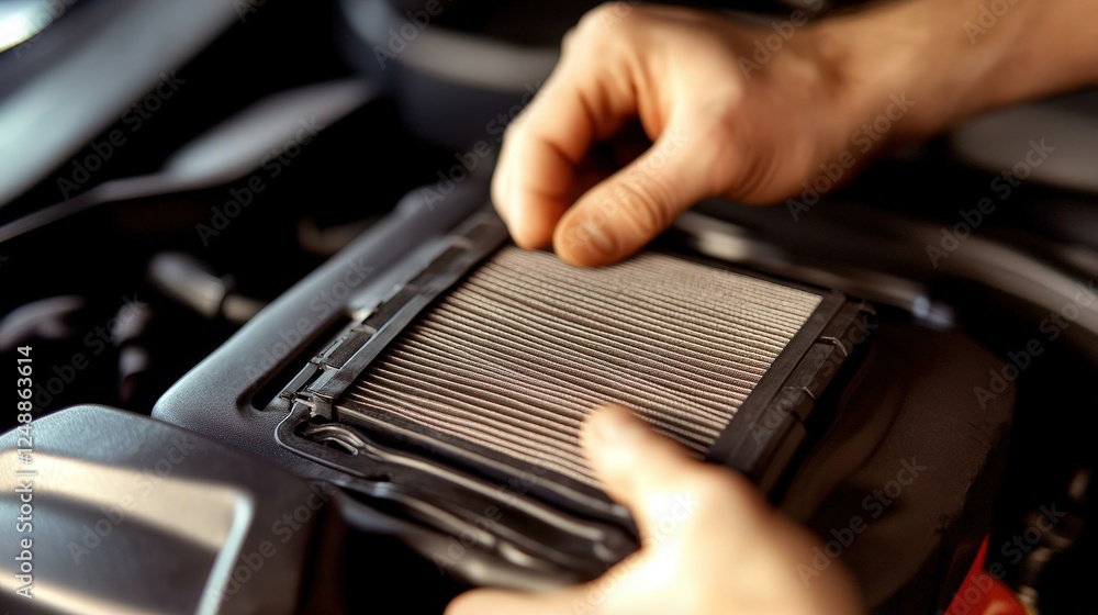 Poster hands replacing air filter in car engine with focus on gray and metallic components