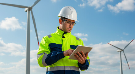Engineer in Field Using Tablet, Wind Turbine Inspection and Renewable Energy Concept