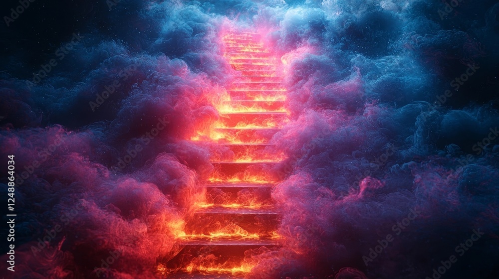 Poster Staircase of Glowing Books Ascending into Clouds Symbolizing Progress in Different Fields of Study