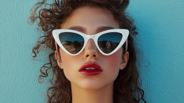 Stylish woman wearing retro sunglasses with desert landscape reflection
