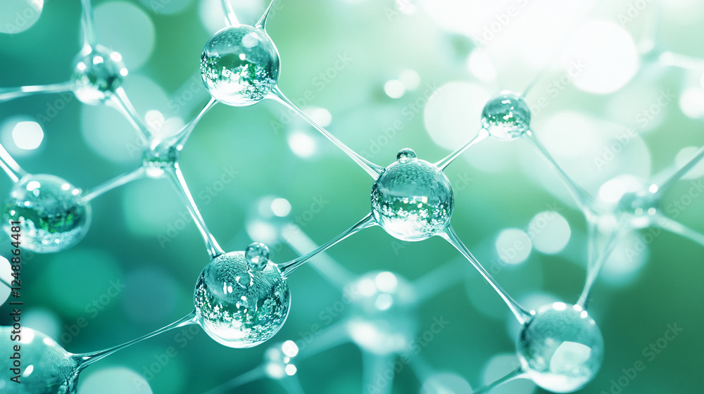 Poster close-up image of interconnected molecules with transparent spheres on a soft green blurred backgrou