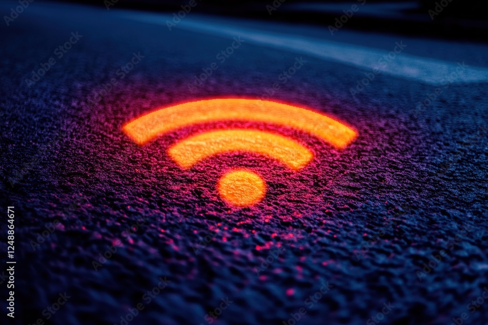 Poster illuminated wifi symbol glows on dark surface at night, showing network connectivity and signal stre
