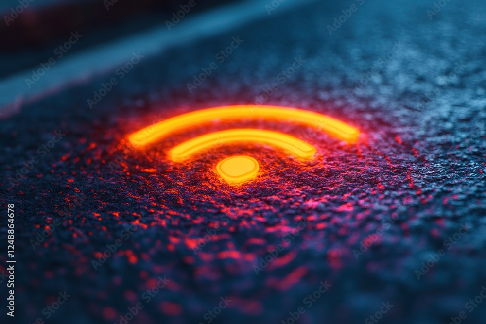 Poster glowing wireless signal icon on dark surface, abstract technology background image