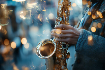 Fototapeta premium Generative AI Image of a Jazz Performer Playing a Saxophone in a Vibrant Atmosphere
