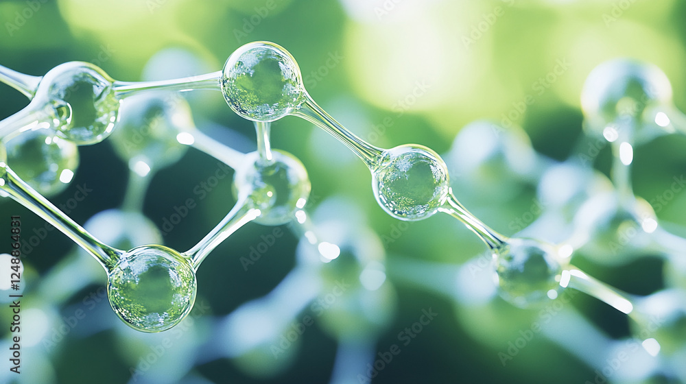 Poster Close-up view of interconnected molecular structure with transparent spheres on a green blurred background, symbolizing science, chemistry, and molecular biology.