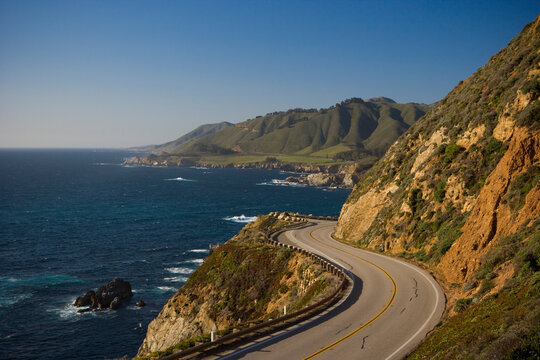 California Highway 1 at milepost 59 on the Big Sur coast in the evening near Carmel, California, USA.
