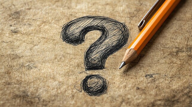 A close-up image featuring a sketched question mark on paper, accompanied by a sharpened pencil. This conceptual design evokes curiosity and thoughtfulness in various contexts.