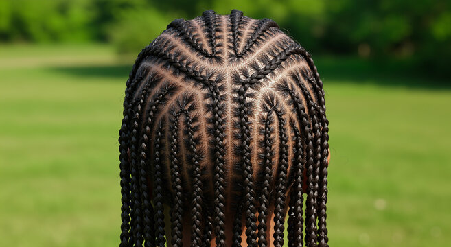 African American woman, hair and braids, hairstyle with scalp showing for beauty, fashion and design. Model, cornrows and braiding pattern for care, natural hair and texture in backyard banner