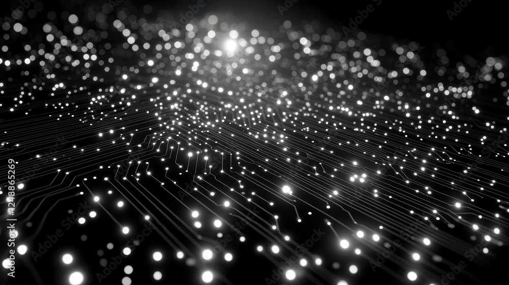 Poster glowing circuit board, data flow, technology background, abstract network