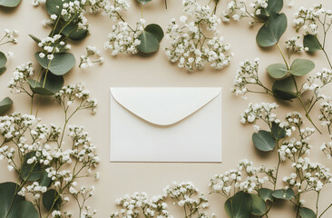 Ethereal invitation, A blank white envelope nestled amidst delicate gypsophila blooms and...