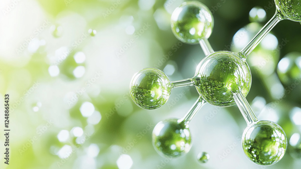 Poster close-up of molecular structure with clear spheres and connected bonds, representing chemistry, biol